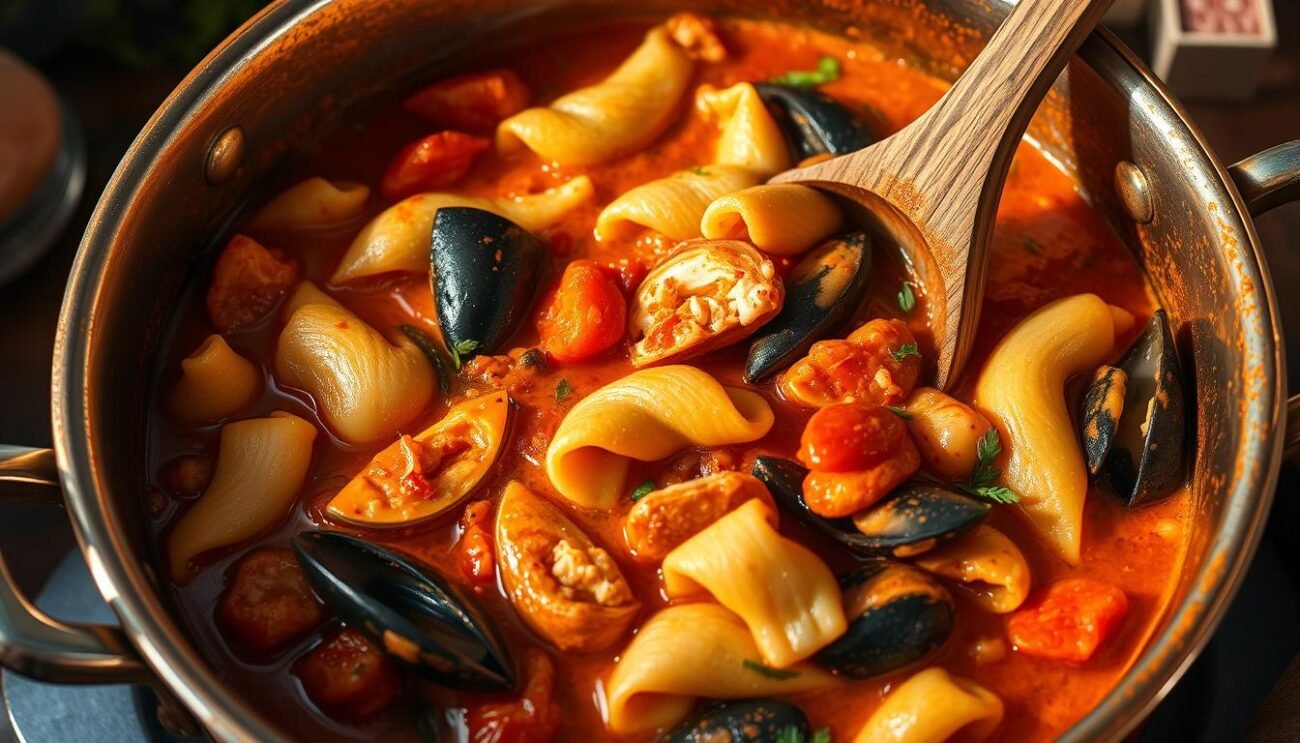 A traditional Italian seafood ragù simmering in a copper pot, filled with a variety of fresh-caught fish and shellfish. The sauce has a rich, velvety texture, tinged with aromatic herbs and spices. A heavy wooden spoon stirs the bubbling ragù, releasing the captivating scents of the Mediterranean. Soft, handmade pasta twists nestle within the sauce, ready to be served. The scene evokes the rustic warmth of an Italian kitchen, steeped in centuries of culinary tradition. Soft, natural lighting illuminates the dish, casting a golden glow and highlighting the vibrant colors of the seafood. The overall atmosphere is one of comforting, homemade authenticity.