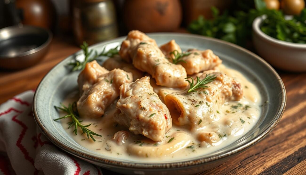 A traditional Italian white ragù made from tender rabbit meat, simmered in a light, creamy sauce with aromatic herbs, garlic, and a hint of white wine. The rabbit is fork-tender, the sauce is silky smooth, and the aroma fills the air with the comforting scents of a classic home-cooked meal. Shot in a warm, inviting kitchen setting, with natural lighting highlighting the rich, velvety texture of the ragù and the delicate garnishes.