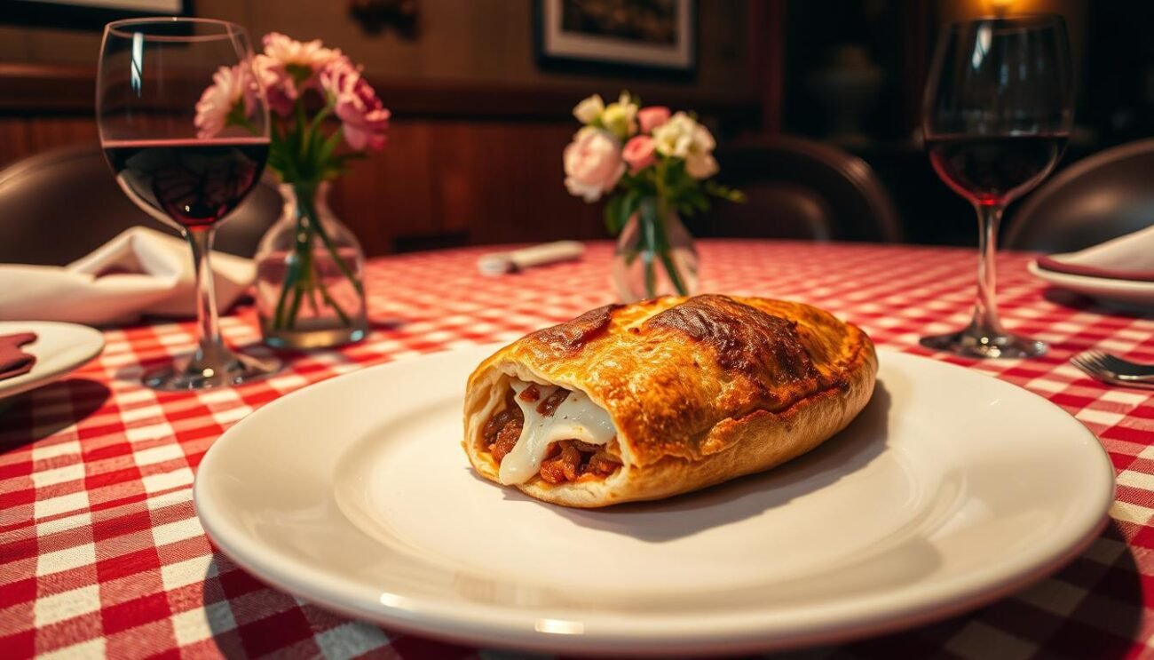 A traditional Neapolitan calzone resting on a white plate, served in a cozy, dimly lit Italian restaurant. The crust is golden brown and crisp, while the filling oozes with melted mozzarella and savory ingredients. The table is set with a red-and-white checkered tablecloth, a glass of red wine, and a simple vase of fresh flowers, creating an authentic, rustic atmosphere. Warm, directional lighting casts soft shadows, accentuating the textures and highlighting the dish's artisanal presentation.