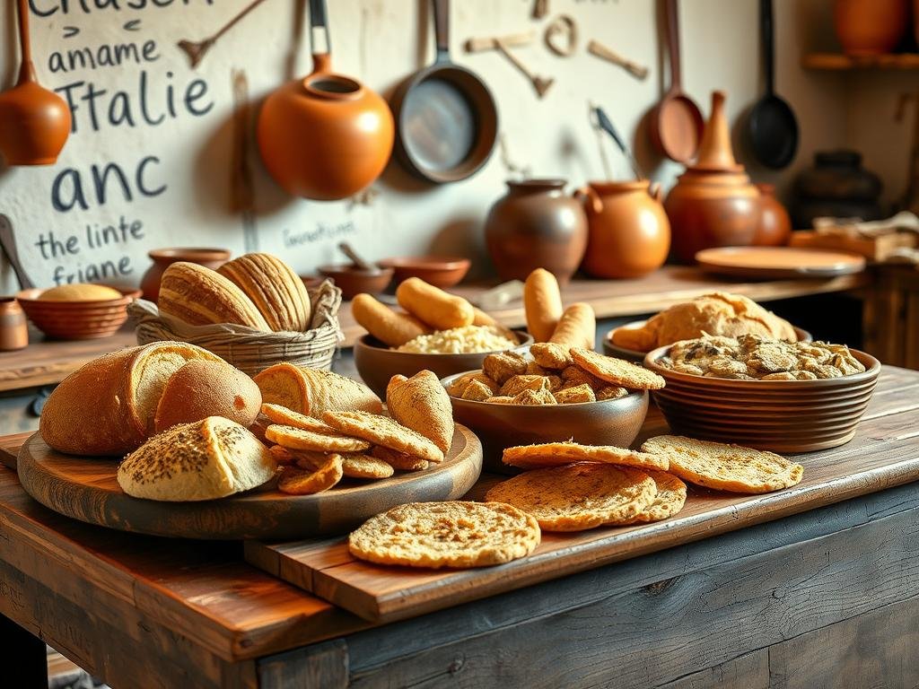 A traditional Puglian dish of "ricette tradizionali grano arso," showcasing the unique and flavorful charred wheat flour. The scene depicts a rustic kitchen setting, with a wooden table in the foreground displaying freshly prepared breads, pastries, and other dishes made with the prized grano arso flour. In the background, traditional earthenware pots and pans hang on the wall, evoking the timeless culinary heritage of the region. The lighting is warm and natural, casting a cozy and inviting atmosphere. The overall composition highlights the artisanal nature of these traditional recipes, inviting the viewer to savor the rich history and flavors of Puglia's unique culinary traditions. A traditional Puglian dish of "ricette tradizionali grano arso," showcasing the unique and flavorful charred wheat flour. The scene depicts a rustic kitchen setting, with a wooden table in the foreground displaying freshly prepared breads, pastries, and other dishes made with the prized grano arso flour. In the background, traditional earthenware pots and pans hang on the wall, evoking the timeless culinary heritage of the region. The lighting is warm and natural, casting a cozy and inviting atmosphere. The overall composition highlights the artisanal nature of these traditional recipes, inviting the viewer to savor the rich history and flavors of Puglia's unique culinary traditions.