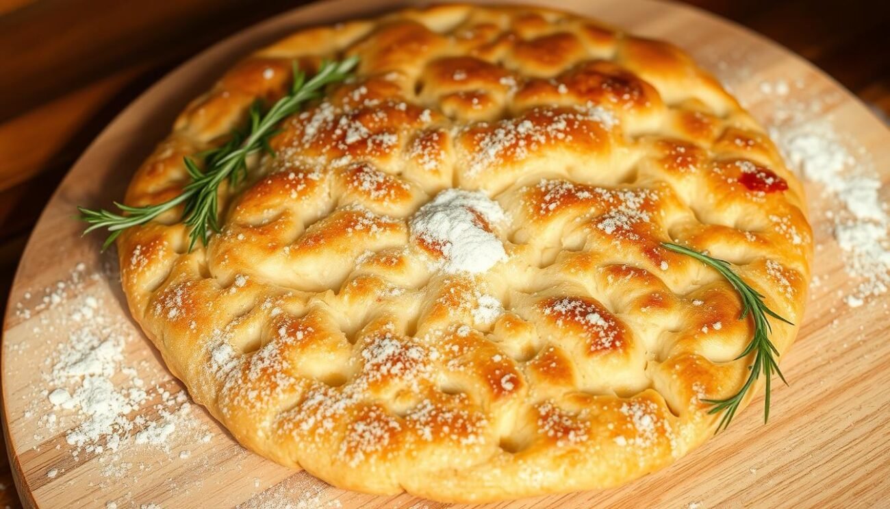 A traditional Tuscan schiacciata, a flattened focaccia bread, sits atop a rustic wooden board. The golden-brown crust glistens under the warm, natural lighting, revealing its delicate, airy interior. Sprinkled with a dusting of flour, the schiacciata's distinct dimpled surface texture invites a tactile experience. Surrounding the bread, a few sprigs of fresh rosemary add a touch of greenery, hinting at the simple, authentic flavors of this Florentine specialty. The overall composition evokes the rich culinary heritage and homespun charm of Tuscany, capturing the essence of the "Origini della Schiacciata Toscana" section. A traditional Tuscan schiacciata, a flattened focaccia bread, sits atop a rustic wooden board. The golden-brown crust glistens under the warm, natural lighting, revealing its delicate, airy interior. Sprinkled with a dusting of flour, the schiacciata's distinct dimpled surface texture invites a tactile experience. Surrounding the bread, a few sprigs of fresh rosemary add a touch of greenery, hinting at the simple, authentic flavors of this Florentine specialty. The overall composition evokes the rich culinary heritage and homespun charm of Tuscany, capturing the essence of the "Origini della Schiacciata Toscana" section.