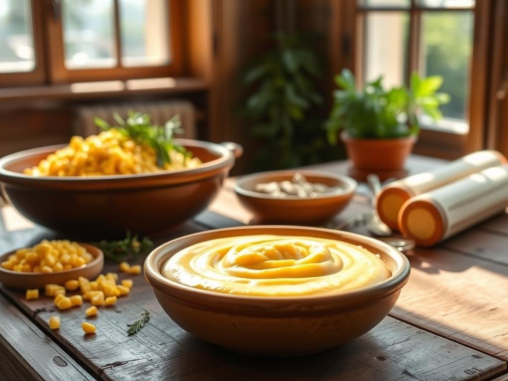 A traditional Veneto-style polenta bianca, freshly prepared on a rustic wooden table. The golden corn kernels are finely ground and slowly simmered, resulting in a smooth, creamy texture. Sunlight filters through a large window, casting a warm glow on the scene. A simple yet elegant presentation, with a few sprigs of fresh herbs for garnish. The polenta is served in simple, earthy ceramic bowls, reflecting the authentic, homemade nature of this beloved regional dish. A timeless culinary tradition, this image invites the viewer to savor the comforting flavors and traditions of Veneto's culinary heritage. A traditional Veneto-style polenta bianca, freshly prepared on a rustic wooden table. The golden corn kernels are finely ground and slowly simmered, resulting in a smooth, creamy texture. Sunlight filters through a large window, casting a warm glow on the scene. A simple yet elegant presentation, with a few sprigs of fresh herbs for garnish. The polenta is served in simple, earthy ceramic bowls, reflecting the authentic, homemade nature of this beloved regional dish. A timeless culinary tradition, this image invites the viewer to savor the comforting flavors and traditions of Veneto's culinary heritage.