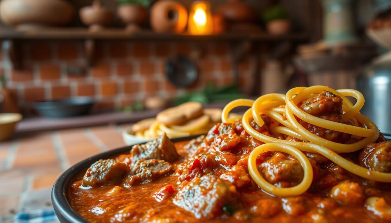 A traditional and hearty Ragù di Anatra, simmered to perfection. In the foreground, a rich, glossy sauce coats tender duck morsels, while in the middle ground, freshly cooked pasta twirls invitingly. The background features a rustic, Italian kitchen scene, with earthy terracotta tiles, weathered wooden shelves, and the gentle glow of a warm, golden light. The aroma of slow-cooked herbs and spices fills the air, creating a cozy, appetizing atmosphere. This classic Italian dish is captured in all its mouthwatering glory, ready to be savored and enjoyed.