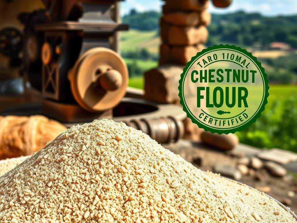 A traditional chestnut flour certification, showcased in a rustic, earthy setting. In the foreground, a pile of freshly ground chestnut flour, its warm beige hues and fine texture inviting the viewer to touch and feel its authenticity. Behind it, a traditional stone mill, its weathered exterior and intricate mechanism a testament to the skilled craftsmanship of the past. In the background, a picturesque Tuscan landscape, rolling hills and lush greenery, creating a sense of place and connection to the land. Soft, natural lighting illuminates the scene, casting gentle shadows and highlighting the inherent beauty of this traditional production method. The overall mood is one of artisanal pride, heritage, and a reverence for the time-honored processes that give this chestnut flour its unique character.
