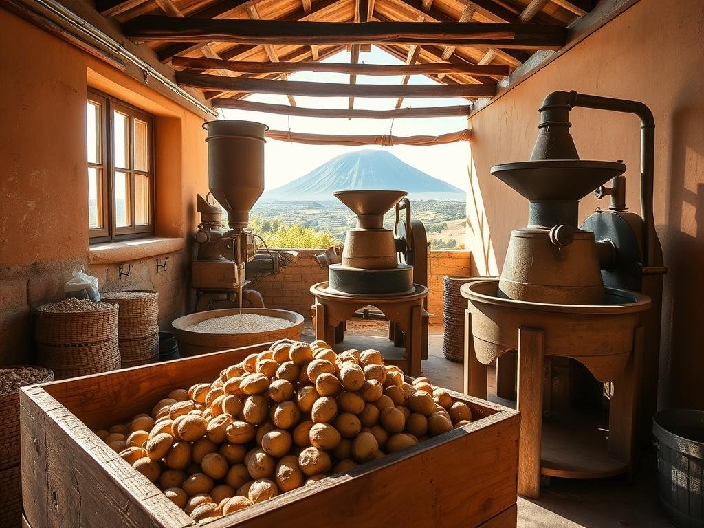 A traditional chestnut flour production facility nestled in the lush, rolling landscapes of Mount Etna, Sicily. Rustic wooden beams and earth-toned walls create a warm, inviting atmosphere as skilled artisans meticulously grind and sift the prized Etna DOP chestnuts. Sunlight filters through large windows, casting a soft, golden glow over the entire scene. In the foreground, a wooden trough holds a pile of freshly harvested chestnuts, ready to be transformed into the renowned Etna DOP chestnut flour. The middle ground showcases the traditional milling equipment, its weathered surfaces a testament to generations of dedicated craftsmanship. In the background, a glimpse of the iconic Mount Etna volcano, a silent witness to this timeless tradition.
