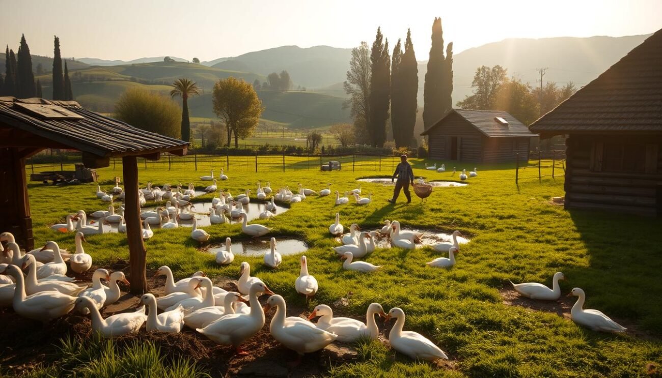 A traditional duck and goose farm nestled in a picturesque Italian countryside. Lush green pastures dotted with small ponds where flocks of waterfowl gracefully glide, their feathers glistening in the warm golden light of the afternoon sun. In the foreground, a wooden coop with a thatched roof shelters the sleeping birds, while in the middle ground, a farmer tends to their needs, feeding and caring for the gentle creatures. The background features rolling hills and tall, swaying trees, creating a tranquil, rustic atmosphere that captures the essence of this time-honored agricultural tradition.