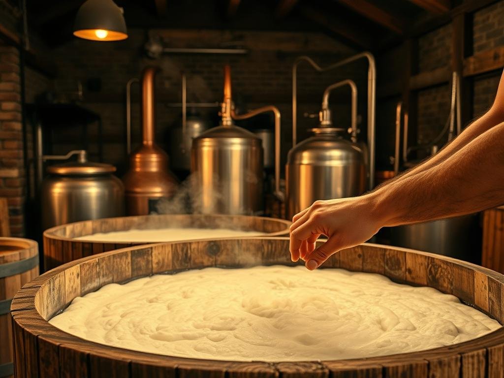 A traditional mashing process unfolds in a rustic Italian setting. In the foreground, a weathered wooden mash tun takes center stage, steam gently rising from its contents. Sinewy hands carefully stir the thick, creamy mash, the embodiment of age-old brewing techniques. In the middle ground, a collection of gleaming copper vessels and stainless steel equipment hint at the precision and technology underlying this time-honored practice. The background reveals a cozy, dimly lit interior, with hints of exposed brick and timber framing, evoking a sense of history and craftsmanship. Warm, golden lighting bathes the scene, creating an inviting and atmospheric mood that reflects the importance of this fundamental step in the brewing process.