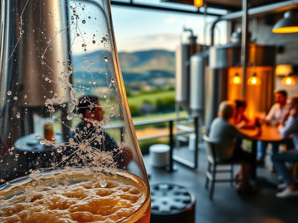 A tranquil scene of a beer brewery, showcasing the captivating process of fermentation. In the foreground, crystal-clear glass vessels filled with a lively, bubbling mixture of golden ale and crisp lager. Delicate strands of yeast dance gracefully, their intricate movements revealing the intricacies of the leavening process. The mid-ground depicts a scenic landscape, with towering silos and gleaming stainless-steel tanks bathed in soft, warm lighting. In the background, a cozy taproom, where patrons savor the fruits of the brewers' labor, their expressions reflecting the subtle complexities of the diverse beer styles. The overall mood is one of artisanal craftsmanship, scientific precision, and the joy of taste exploration. A tranquil scene of a beer brewery, showcasing the captivating process of fermentation. In the foreground, crystal-clear glass vessels filled with a lively, bubbling mixture of golden ale and crisp lager. Delicate strands of yeast dance gracefully, their intricate movements revealing the intricacies of the leavening process. The mid-ground depicts a scenic landscape, with towering silos and gleaming stainless-steel tanks bathed in soft, warm lighting. In the background, a cozy taproom, where patrons savor the fruits of the brewers' labor, their expressions reflecting the subtle complexities of the diverse beer styles. The overall mood is one of artisanal craftsmanship, scientific precision, and the joy of taste exploration.