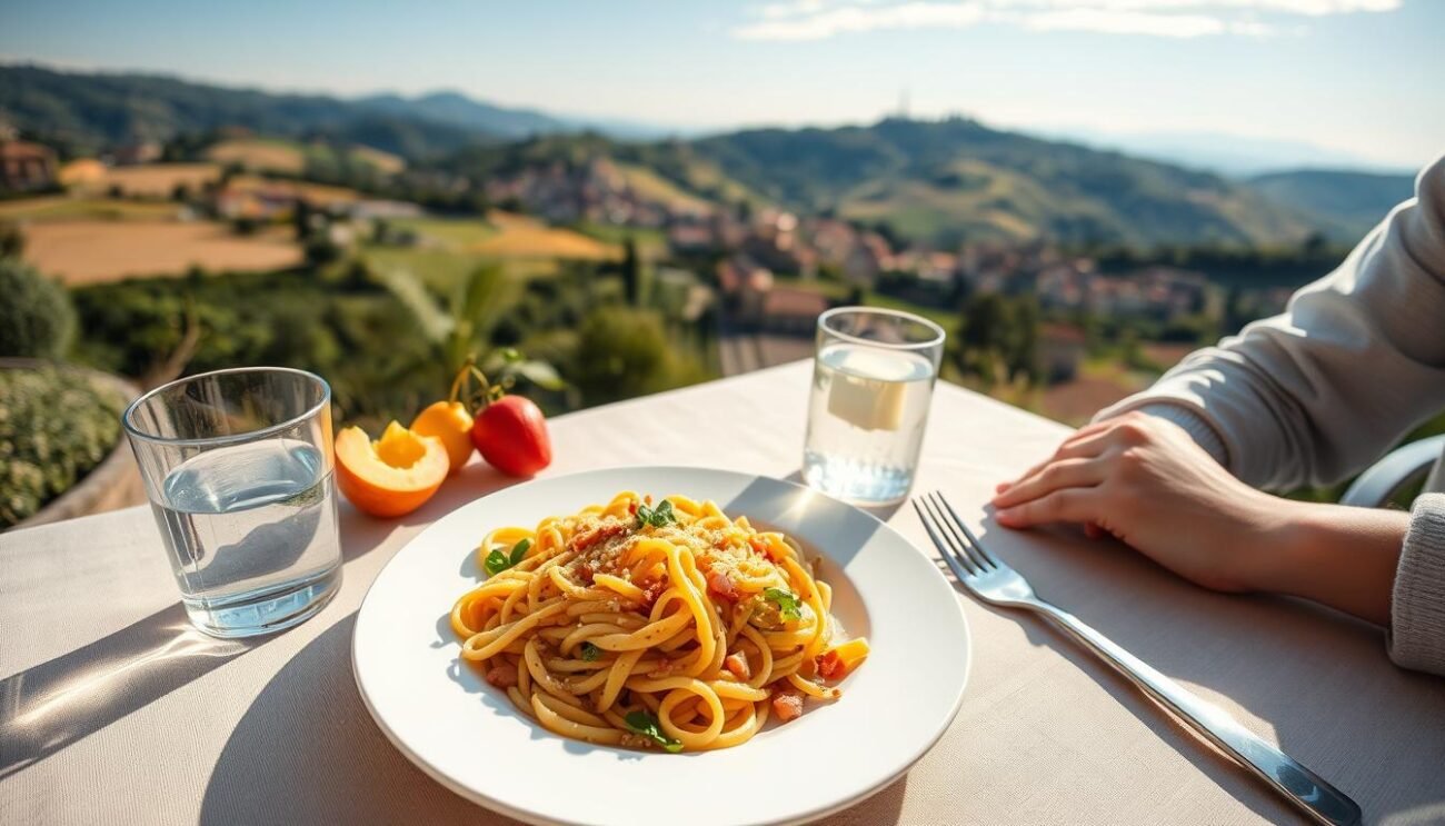 A tranquil scene of a person enjoying a healthy, balanced meal amidst a serene Italian setting. The foreground features a plate of fresh pasta, accompanied by a glass of water and a few pieces of fresh fruit. The middle ground showcases a scenic Italian landscape, with rolling hills, a small town nestled in the distance, and a clear blue sky overhead. The lighting is soft and natural, creating a warm, inviting atmosphere. The angle is slightly elevated, providing a birds-eye view of the scene, emphasizing the connection between the meal and the surrounding environment. The overall mood is one of calm, nourishment, and the appreciation of simple, wholesome pleasures.