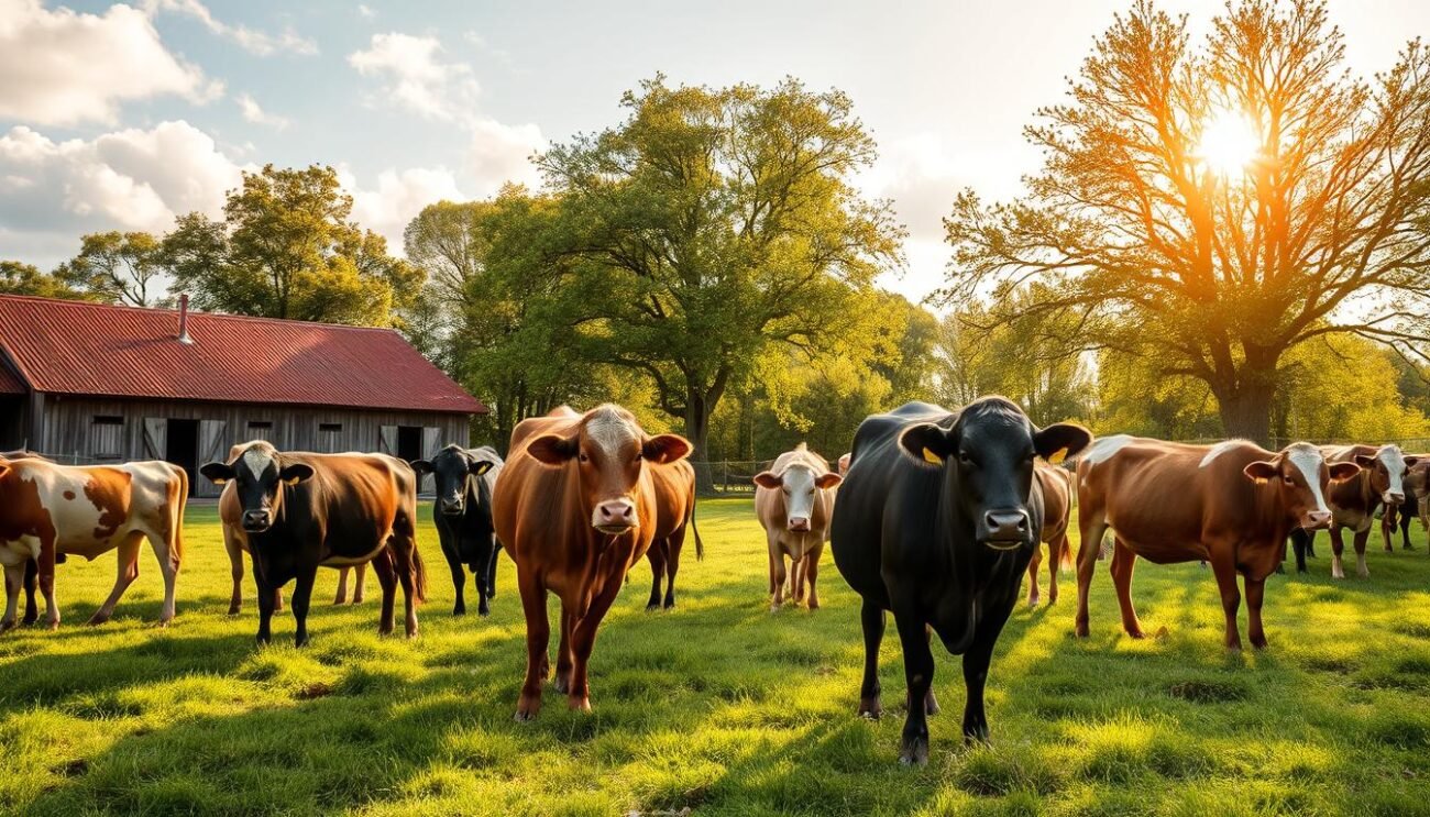 A tranquil, sun-drenched farmyard scene showcasing the essence of "filiera corta carne" - short supply chain meat production. In the foreground, a group of free-range cattle graze peacefully on lush, verdant pastures. Their robust, healthy frames a testament to the care and attention of their local farmer. The middle ground reveals a traditional red-roofed barn, its weathered wooden facade radiating rustic charm. Towering trees line the backdrop, casting gentle shadows and creating a serene, countryside atmosphere. Warm, golden lighting filters through wispy clouds, illuminating the bucolic setting and conveying a sense of harmony between man, animal, and the natural world.