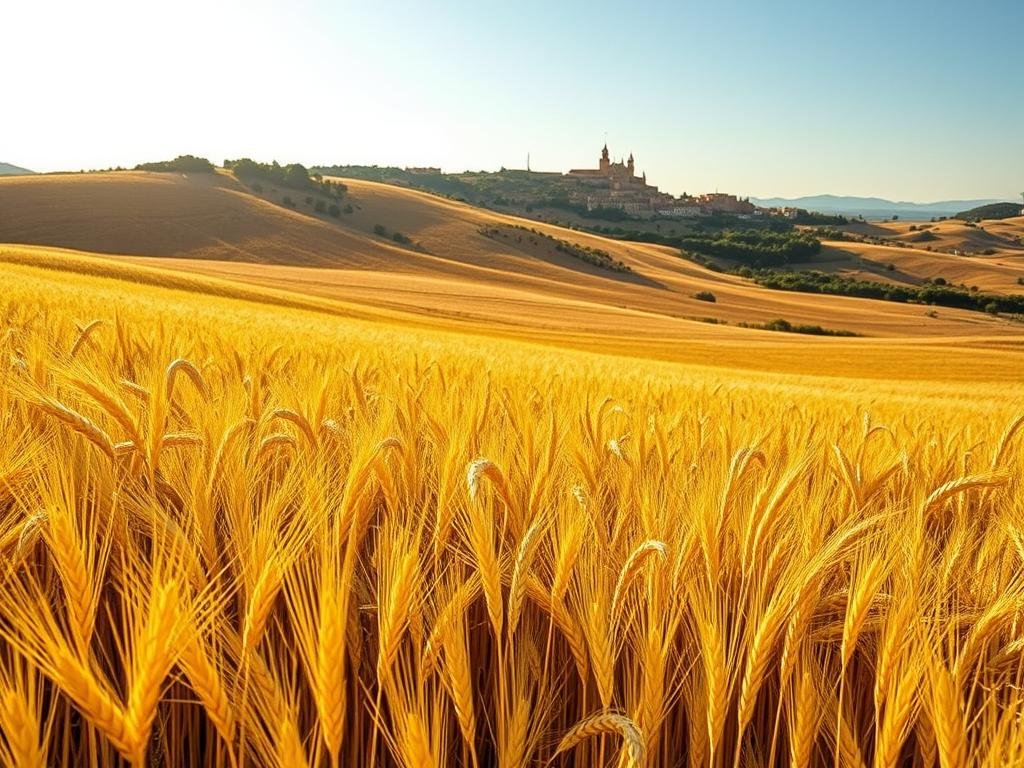 A vast expanse of golden wheat fields stretches across the rolling hills of Altamura, their swaying stalks gently kissed by the warm Mediterranean sun. In the distance, the silhouettes of ancient olive groves and the distinctive skyline of the historic town emerge, a testament to the region's rich agricultural heritage. The scene exudes a sense of timelessness, where the rhythms of nature and the legacy of human cultivation have been intertwined for generations. This is the essence of the Altamura territory, the cradle of the renowned Altamura DOP wheat flour, where the land, the climate, and the people's traditions converge to create a truly unique and authentic culinary identity.