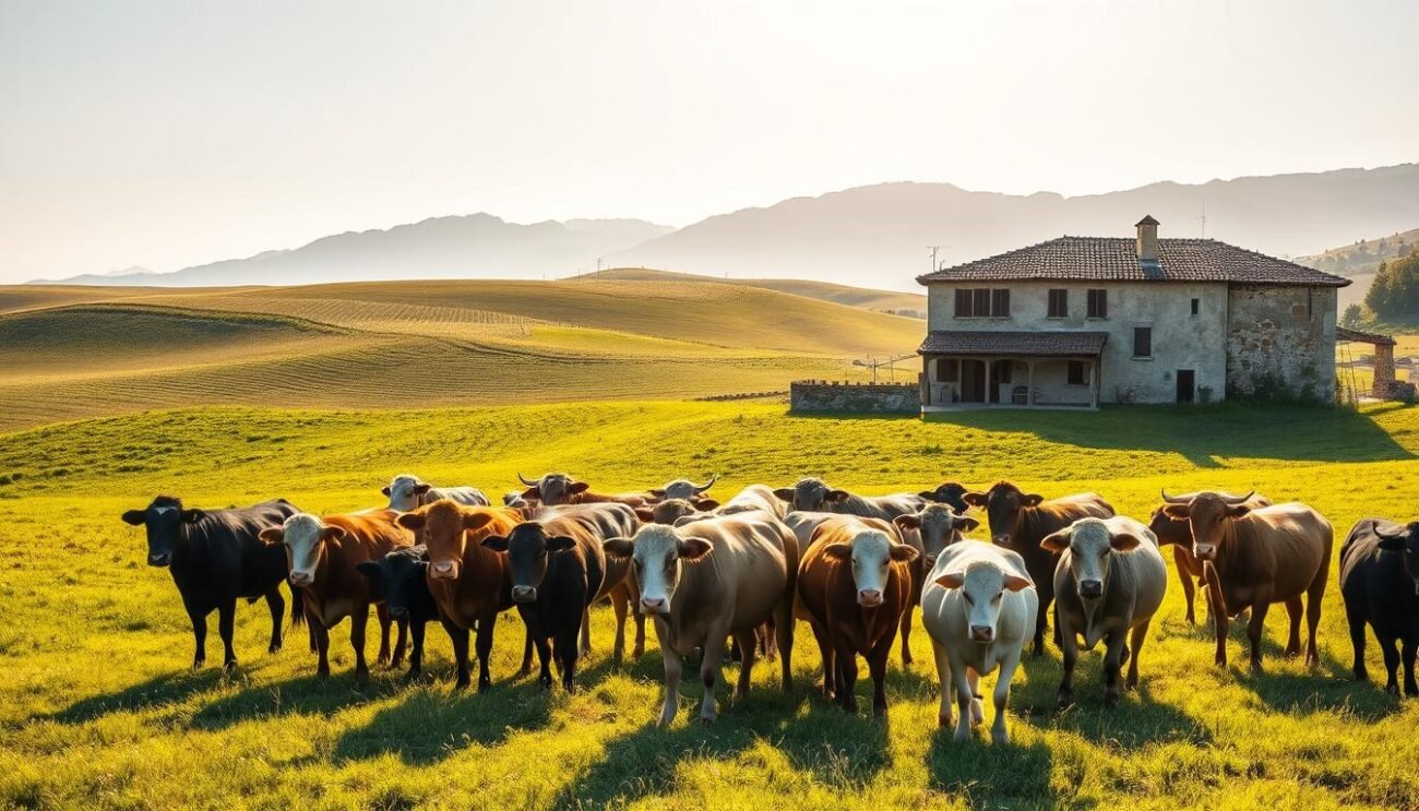 A vast, pastoral landscape with rolling hills and lush, verdant meadows. In the foreground, a herd of majestic, historical cattle breeds graze peacefully, their diverse colors and distinctive features showcasing the rich heritage of Italian bovine lineages. The middle ground presents a rustic farmhouse, its weathered walls and tiled roof evoking a timeless, agrarian aesthetic. Warm, golden sunlight bathes the scene, casting long shadows and creating a sense of tranquility and timelessness. The background features distant, rugged mountains, their peaks silhouetted against a vibrant, cloudless sky. This image captures the essence of Italy's storied cattle breeds, their deep roots in the nation's agricultural legacy, and the harmony between the land, the animals, and the people who have cared for them throughout history.