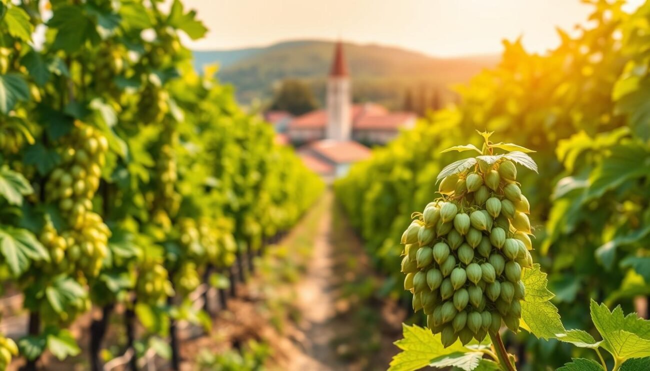 A verdant hop farm in the Italian countryside, with rows of lush, green hop bines reaching skyward. The midday sun casts a warm, golden glow, illuminating the delicate hop cones as they sway gently in the breeze. In the foreground, a cluster of different hop cultivars stands out, their varied hues and shapes showcasing the diversity of flavors and aromas that can be extracted for use in IPAs and Pale Ales. The background features a quaint village, its red-tiled roofs and church spire nestled among rolling hills, creating a picturesque and pastoral scene. The image conveys the craftsmanship and attention to detail that goes into selecting and pairing the right hops for these beloved beer styles.