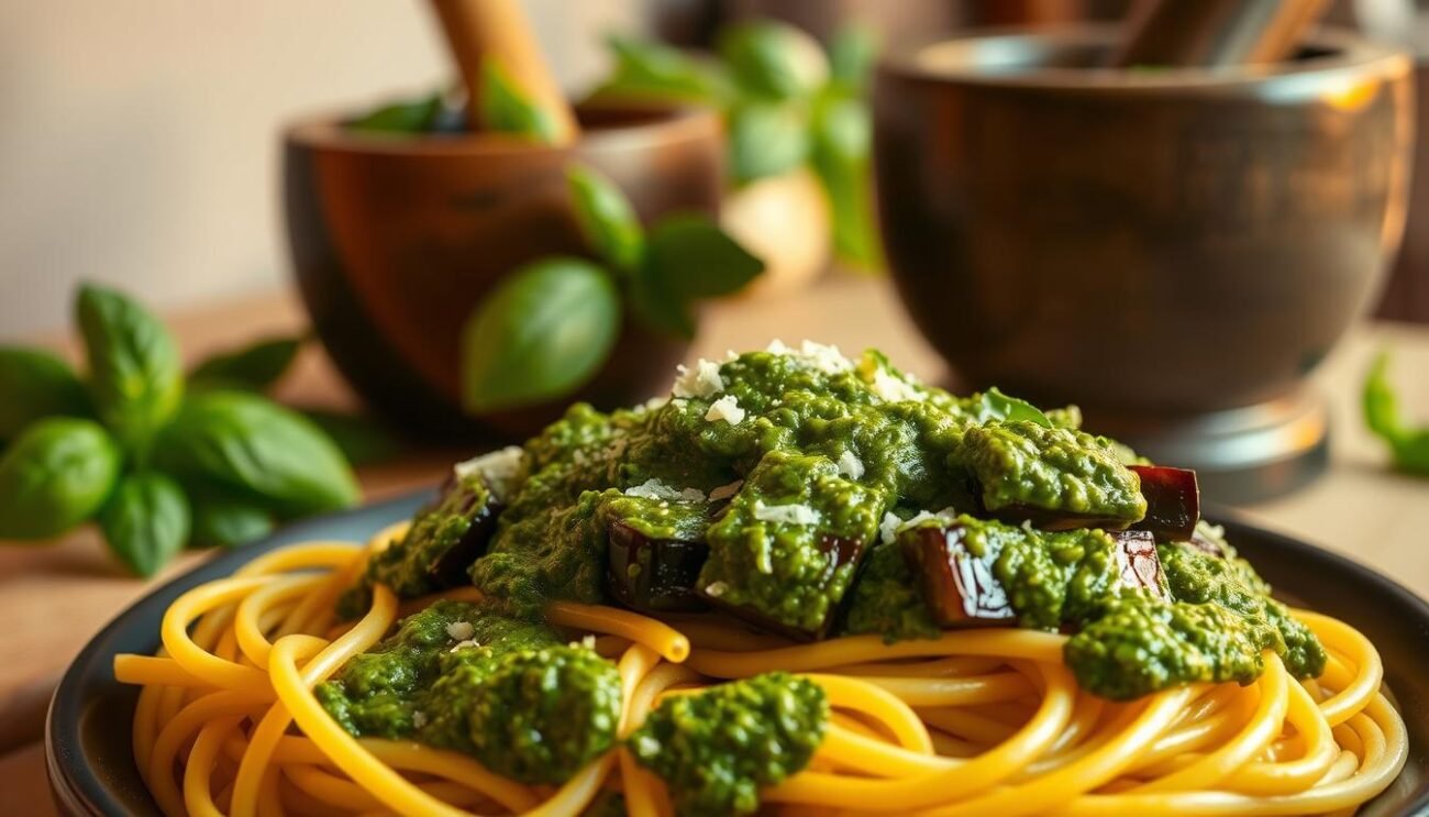 A vibrant Sicilian-style pesto made with roasted eggplants, fresh basil, garlic, pine nuts, and Parmesan cheese. The eggplants are charred over an open flame, lending a smoky depth to the vibrant green sauce. The pesto is drizzled over freshly cooked pasta, with tiny drops of bright green olive oil glistening on the noodles. The scene is illuminated by warm, golden-hour lighting, casting a cozy, rustic ambiance. The composition features the pesto-dressed pasta in the foreground, with a mortar and pestle and a handful of fresh basil leaves in the middle ground, all set against a backdrop of a simple, uncluttered kitchen counter.