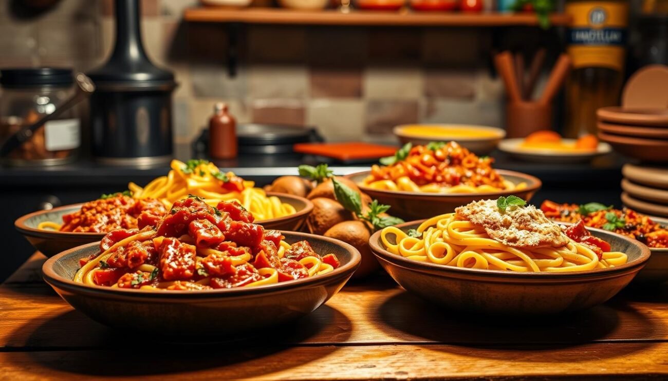 A vibrant and inviting image of "Varianti pasta con 'nduja", showcasing a variety of delectable pasta dishes infused with the bold, spicy flavors of 'nduja, a specialty Calabrian salami. Set against a rustic Italian kitchen backdrop, the pasta dishes are artfully arranged, their colors and textures enticing the viewer. Soft, directional lighting illuminates the scene, casting warm shadows and highlights that accentuate the pasta's handcrafted appearance. The overall atmosphere evokes a sense of authentic Italian cuisine, inviting the viewer to indulge in the vibrant and soulful flavors of this regional specialty.