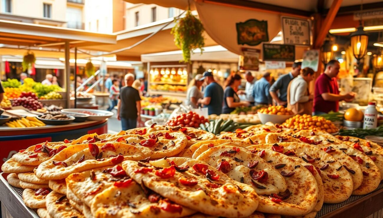 A vibrant and mouthwatering market scene, showcasing the rich culinary heritage of Sicily. In the foreground, a stall displays an array of freshly baked "sciacciata catanese" - a traditional Sicilian flatbread topped with tuma cheese and anchovies. The middle ground features vendors hawking an assortment of seasonal produce and regional delicacies, while the background is filled with the lively bustle of a vibrant gastronomic festival. Warm, golden lighting casts a rustic, inviting glow over the scene, capturing the essence of Sicilian hospitality and the unbridled passion for their celebrated food culture.