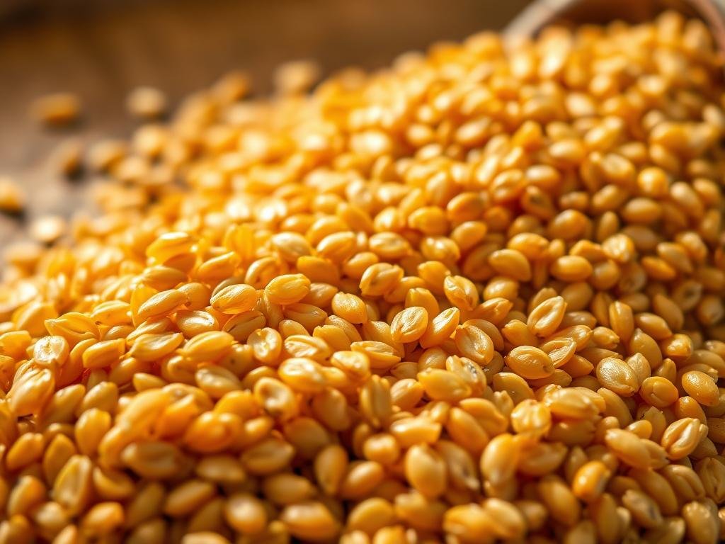 A vibrant and nutritious close-up of fresh, whole-grain farro, glistening with natural oils and textures. The farro kernels are arranged in the foreground, capturing their intricate patterns and earthy golden hues, illuminated by soft, natural lighting. The middle ground features a few scattered farro grains, while the background subtly fades into a warm, rustic Italian-inspired setting, evoking a sense of traditional Italian cuisine. The overall composition conveys the wholesome, nourishing qualities of farro integrale, aligning with the section title "Farro integrale: Benefici, Proprietà Nutrizionali e Consigli d'Uso".