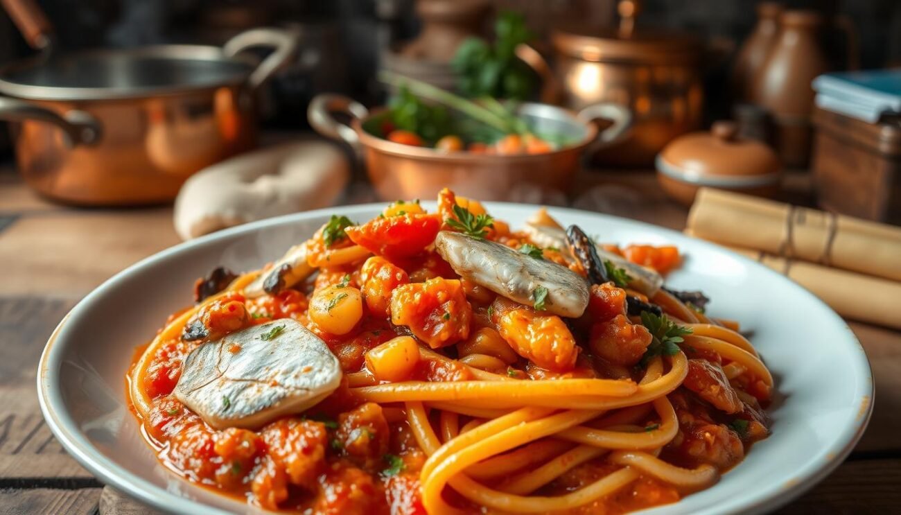A vibrant and nutritious seafood ragù, simmered to perfection, with an abundance of fresh fish, aromatic vegetables, and a hint of fragrant herbs. The steaming dish is captured in a warm, inviting light, showcasing the rich, velvety texture and enticing color palette. In the foreground, the ragù is beautifully plated, ready to be savored, while the background features a rustic Italian kitchen setting, complete with copper pots and wooden accents, evoking a sense of authentic, homemade culinary tradition. The overall composition radiates a comforting, homely atmosphere, inviting the viewer to experience the nutritional benefits and delightful flavors of this delectable seafood-based alternative to the classic ragù.