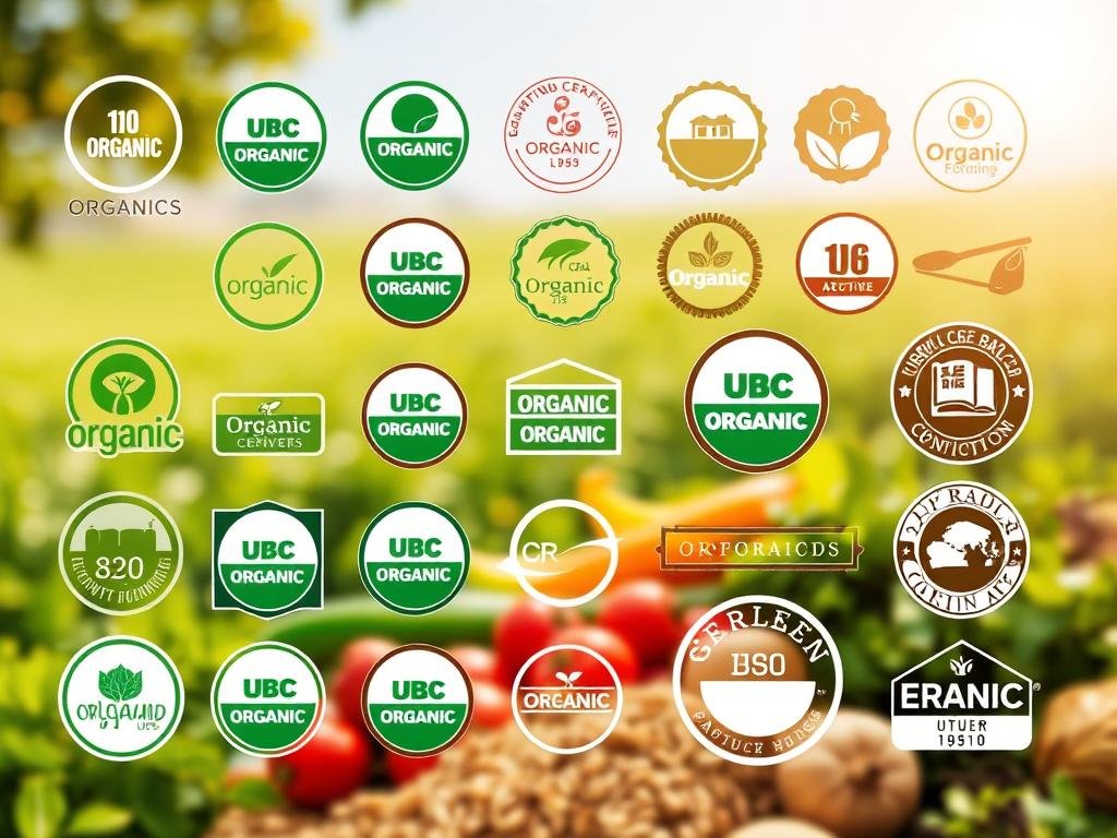 A vibrant and visually striking image of various organic product certifications, labels, and seals. The foreground features a clean, modern display of different certification logos and badges, arranged in a visually appealing layout. The middle ground showcases organic produce items such as fruits, vegetables, or grains, highlighting the connection between the certifications and the actual products. The background portrays a softly blurred, natural setting, perhaps a lush green field or a peaceful countryside, to convey a sense of sustainability and environmental harmony. The lighting is warm and natural, creating a welcoming and trustworthy atmosphere. The overall composition and attention to detail should effectively convey the essence of organic product certifications.