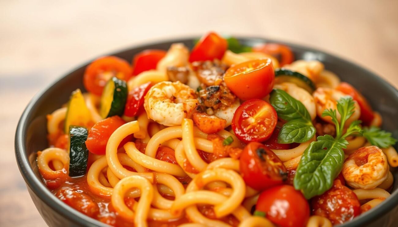 A vibrant, appetizing dish of freshly cooked pasta, simmered in a savory tomato sauce, and generously topped with a variety of colorful, nutritious vegetables and lean protein. The pasta is perfectly al dente, while the vegetables, such as zucchini, bell peppers, and cherry tomatoes, are roasted to tender perfection, adding depth of flavor. The protein, perhaps grilled chicken or pan-seared shrimp, is expertly incorporated, creating a harmonious balance of macronutrients. Soft lighting casts a warm, inviting glow over the scene, highlighting the textures and vibrant hues of the dish. The overall presentation is clean, modern, and visually appealing, capturing the essence of a well-balanced, low-glycemic index meal. A vibrant, appetizing dish of freshly cooked pasta, simmered in a savory tomato sauce, and generously topped with a variety of colorful, nutritious vegetables and lean protein. The pasta is perfectly al dente, while the vegetables, such as zucchini, bell peppers, and cherry tomatoes, are roasted to tender perfection, adding depth of flavor. The protein, perhaps grilled chicken or pan-seared shrimp, is expertly incorporated, creating a harmonious balance of macronutrients. Soft lighting casts a warm, inviting glow over the scene, highlighting the textures and vibrant hues of the dish. The overall presentation is clean, modern, and visually appealing, capturing the essence of a well-balanced, low-glycemic index meal.