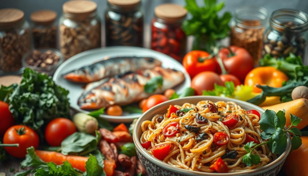 A vibrant, appetizing still life showcasing a bountiful spread of nutritious foods for menopausal women. In the foreground, a large bowl of hearty whole-grain pasta nestled among an array of colorful vegetables - leafy greens, ripe tomatoes, and crunchy bell peppers. In the middle ground, a plate of grilled fish, a rich source of omega-3 fatty acids. In the background, jars of healthy seeds, nuts, and dried fruits, complementing the meal with their nourishing properties. The lighting is soft and warm, casting a comforting glow over the scene. The overall composition conveys a sense of balance, wholeness, and a holistic approach to supporting women's health during the menopausal transition. A vibrant, appetizing still life showcasing a bountiful spread of nutritious foods for menopausal women. In the foreground, a large bowl of hearty whole-grain pasta nestled among an array of colorful vegetables - leafy greens, ripe tomatoes, and crunchy bell peppers. In the middle ground, a plate of grilled fish, a rich source of omega-3 fatty acids. In the background, jars of healthy seeds, nuts, and dried fruits, complementing the meal with their nourishing properties. The lighting is soft and warm, casting a comforting glow over the scene. The overall composition conveys a sense of balance, wholeness, and a holistic approach to supporting women's health during the menopausal transition.