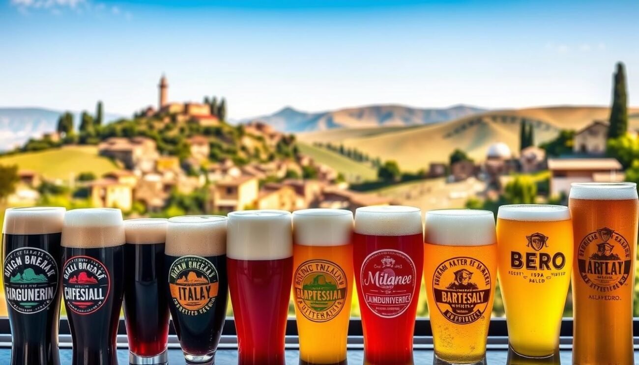A vibrant array of Italian beer styles, each reflecting the rich tapestry of regional terroirs and creative ingenuity. In the foreground, a flight of diverse beer samples, their colors and foam textures inviting exploration. The middle ground showcases artisanal breweries, their rustic facades and rolling hills echoing the pastoral landscapes that inspire these unique libations. In the background, a warm Mediterranean light casts a golden glow, hinting at the centuries-old traditions that underpin this modern Italian beer renaissance. Intriguing labels, distinctive glassware, and a sense of artisanal craftsmanship permeate the scene, capturing the spirit of creativity and locality that defines the Italian beer landscape.
