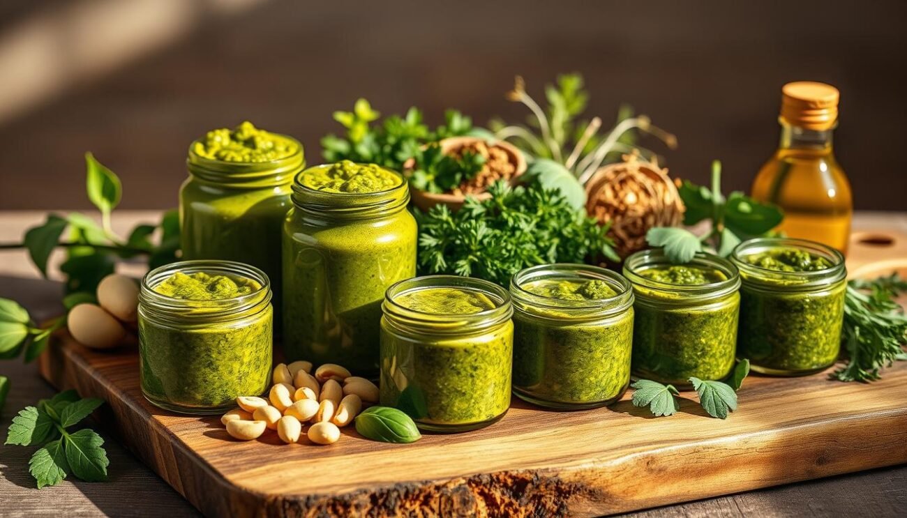 A vibrant, artfully composed still life showcasing the diverse regional variations of traditional Italian pesto. In the foreground, a rustic wooden board holds an array of pesto sauces, each with its own unique hue and texture - from the vivid green Genovese pesto to the earthy Sicilian pesto with wild fennel. The middle ground features an assortment of fresh herbs, crushed pine nuts, and fragrant olive oil, evoking the authentic flavors of each regional interpretation. The background is softly blurred, allowing the pesto components to take center stage under natural, warm lighting that casts gentle shadows, heightening the depth and richness of the scene. The overall atmosphere is one of culinary celebration, celebrating the gastronomic traditions and terroir of Italy's diverse regions.