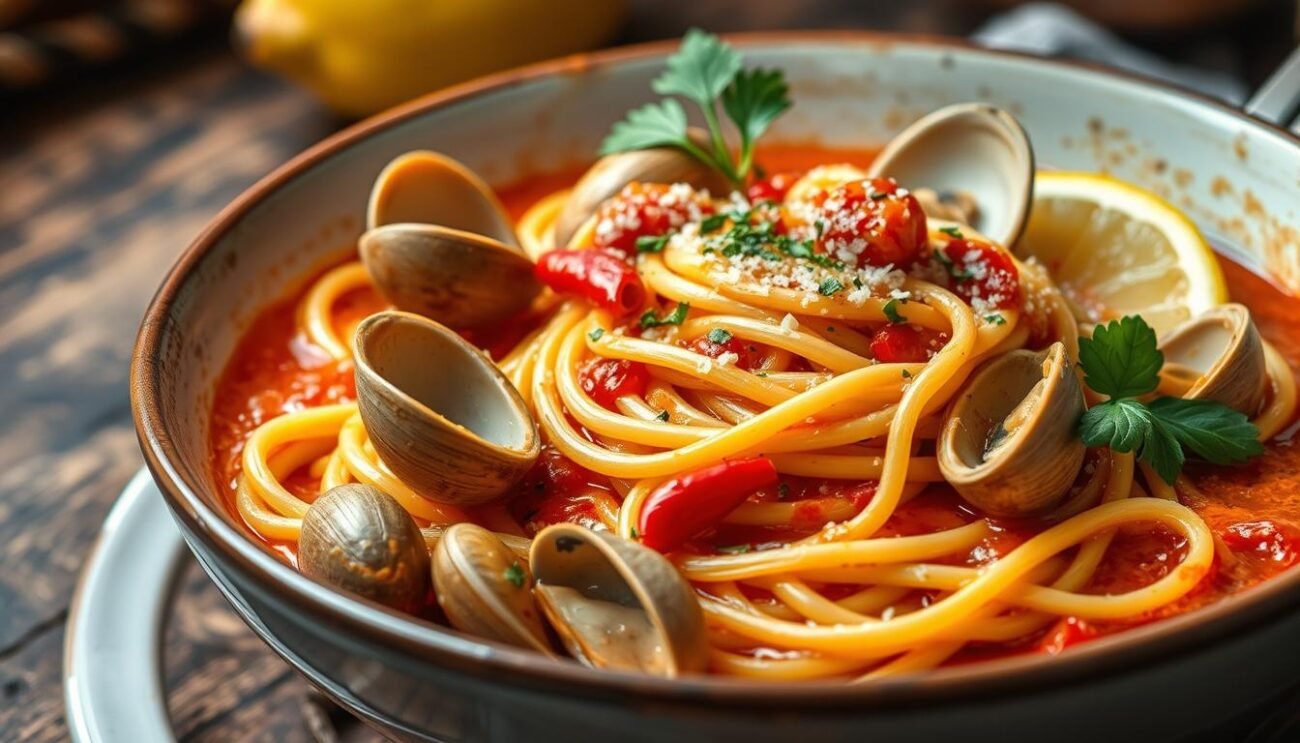 A vibrant bowl of spaghetti alle vongole rosso, the warm tomato-based sauce glistening with olive oil and studded with plump, juicy clams. Spaghetti noodles twirl around the tender mollusks, their briny sweetness infusing every bite. Slivers of garlic and flecks of red chili pepper add depth and heat, while the aroma of fresh parsley and a squeeze of lemon brighten the dish. Captured in a warm, rustic setting with natural lighting, the image evokes the comforting flavors and textures of this classic Italian seafood pasta. Presented against a backdrop of earthy tones and textures, the spaghetti alle vongole rosso takes center stage, inviting the viewer to savor every last morsel.