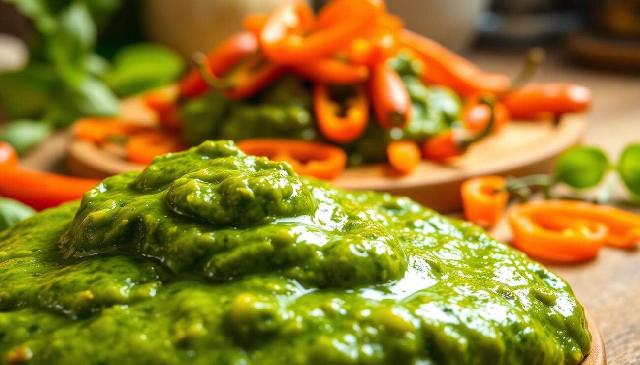 A vibrant close-up of freshly prepared "Pesto Peperoni Cruschi", a unique Lucanian condiment. The foreground features a glossy, verdant pesto sauce made from freshly basil, garlic, and the titular "Peperoni Cruschi" - crisp, fried peppers with a distinct crunch and smoky flavor. In the middle ground, a mound of the pesto sits atop a wooden board, surrounded by scattered whole peperoni cruschi, their bright orange-red hues contrasting beautifully. The background is softly blurred, suggesting a rustic Italian kitchen setting, warm and inviting. The lighting is natural and diffused, casting a gentle glow on the ingredients and emphasizing their rich, appetizing textures. An evocative, mouthwatering depiction of this iconic regional specialty.