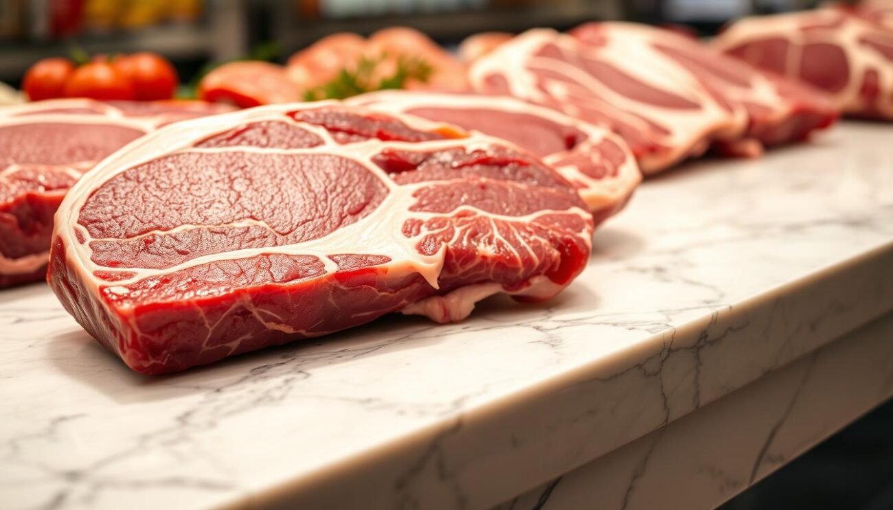 A vibrant, close-up photograph of fresh, high-quality carne fresca (Italian for "fresh meat") displayed on a clean, well-lit marble or granite surface. The meat should appear tender, marbled, and glistening, with visible fat content and a rich, red color. Capture the texture and freshness of the cut, perhaps showcasing a particular Italian meat cut like bistecca alla fiorentina or speck. Frame the scene with a minimal, uncluttered background to emphasize the subject, using natural lighting or a soft, even studio setup to create an inviting, appetizing atmosphere. The image should convey the quality and authenticity of artisanal Italian meat, suitable for a supermarket display.