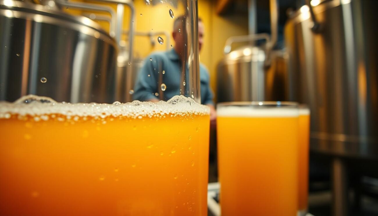 A vibrant, close-up view of the fermentation process in beer brewing. In the foreground, a glass vessel filled with a bubbly, golden liquid, showcasing the active yeast colonies at work. Behind it, a row of gleaming metal fermentation tanks, their shiny surfaces reflecting the warm, ambient lighting. In the background, a blurred silhouette of a brewmaster, observing the progress with a keen eye. The scene conveys the dynamic, intricate nature of the fermentation stage, essential to the transformation of wort into the complex flavors of ale. Captured with a shallow depth of field, the focus draws the viewer's attention to the captivating, microscopic dance of the yeast cells.