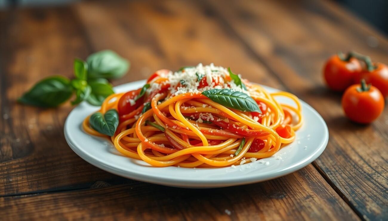 A vibrant, colorful plate of pasta sits on a rustic wooden table, drawing the eye with its playful hues. Strands of spaghetti in shades of red, green, and yellow intermingle, complemented by fresh tomatoes, basil leaves, and a sprinkle of grated Parmesan. The lighting is soft and warm, casting a gentle glow on the dish, creating an inviting and appetizing atmosphere. The camera angle is slightly elevated, capturing the dish in an enticing and visually appealing manner. This image would perfectly illustrate the section on making pasta more attractive for children, inspiring them to explore the delicious world of this beloved Italian staple.
