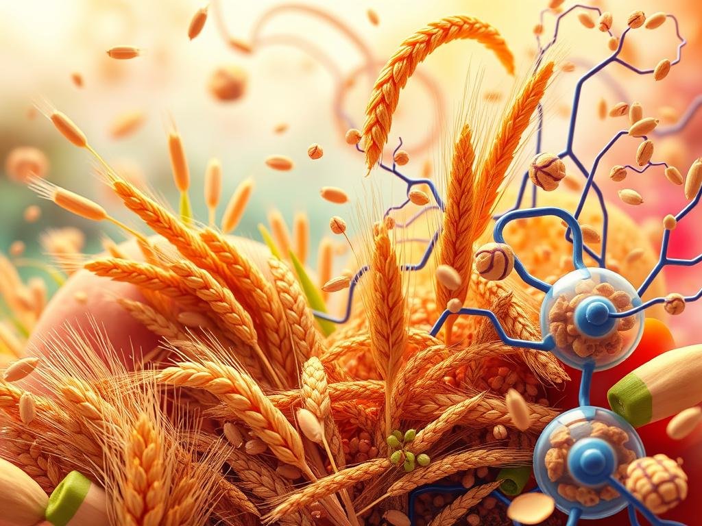 A vibrant, detailed illustration of the intricate relationship between dietary fiber and human metabolism. A dynamic composition showcasing the complex biochemical pathways, with hues and textures inspired by the natural beauty of the Italian countryside. Crisp, high-resolution rendering with a soft, naturalistic lighting scheme that accentuates the organic forms and subtle gradients. Prominent focal points include fiber-rich whole grains, metabolic processes within human cells, and the interconnected systems that regulate energy balance. The overall aesthetic should convey a sense of scientific wonder and appreciation for the body's remarkable ability to derive fuel and nourishment from the foods we consume.