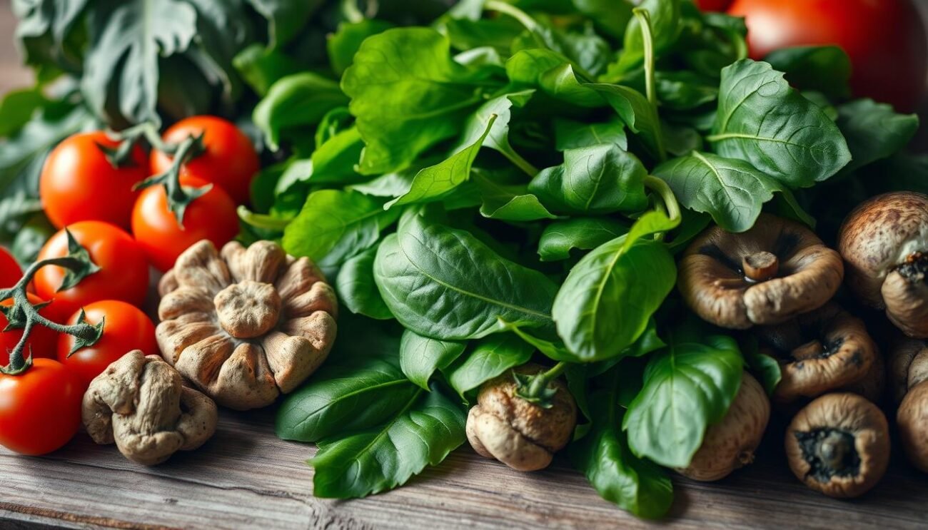 A vibrant display of fresh, locally-sourced vegetables from the Amalfi Coast, artfully arranged on a rustic wooden surface. The deep greens of leafy spinach, the bright reds of ripe tomatoes, and the earthy tones of mushrooms create a harmonious composition, evoking the flavors and aromas of the Mediterranean. Soft, diffused lighting casts a warm glow, highlighting the natural textures and highlighting the importance of these locally-grown ingredients in the preparation of the classic Pizz'e foje, a beloved regional dish. A vibrant display of fresh, locally-sourced vegetables from the Amalfi Coast, artfully arranged on a rustic wooden surface. The deep greens of leafy spinach, the bright reds of ripe tomatoes, and the earthy tones of mushrooms create a harmonious composition, evoking the flavors and aromas of the Mediterranean. Soft, diffused lighting casts a warm glow, highlighting the natural textures and highlighting the importance of these locally-grown ingredients in the preparation of the classic Pizz'e foje, a beloved regional dish.