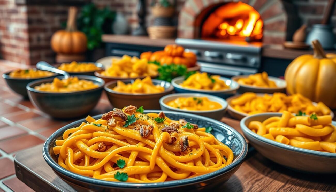 A vibrant display of regional Italian pasta dishes, a harmonious blend of creamy pumpkin and aromatic herbs. In the foreground, a hearty portion of tagliatelle nests in a velvety pumpkin sauce, garnished with toasted pine nuts and a sprinkle of fresh parsley. In the middle ground, a variety of regional pasta shapes, such as paccheri and mezze maniche, are presented alongside individual servings of the signature pumpkin cream. The background showcases a rustic Italian kitchen setting, with terracotta floor tiles, exposed brick walls, and a glimpse of a traditional wood-fired oven. Soft, warm lighting casts a cozy, autumnal glow, evoking the comforting flavors of this beloved regional delicacy.