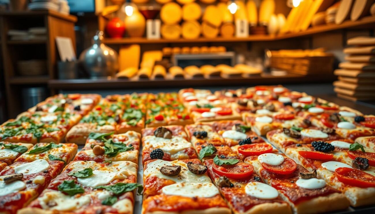 A vibrant display of regional pizza al taglio varieties, each slice a unique culinary delight. In the foreground, a tantalizing array of rectangular pizza slices, their crusts golden and crisp, topped with a diverse range of toppings - from the classic tomato and mozzarella to creative combinations like pesto and roasted vegetables. The middle ground showcases the regional variations, with slices adorned with local ingredients and distinctive sauces, reflecting the rich gastronomic heritage of Italy. In the background, a cozy Italian bakery or pizzeria setting, with warm lighting and the aroma of freshly baked bread permeating the air, creating an inviting atmosphere. The overall mood is one of celebration, showcasing the vibrant and diverse pizza al taglio culture across Italy.