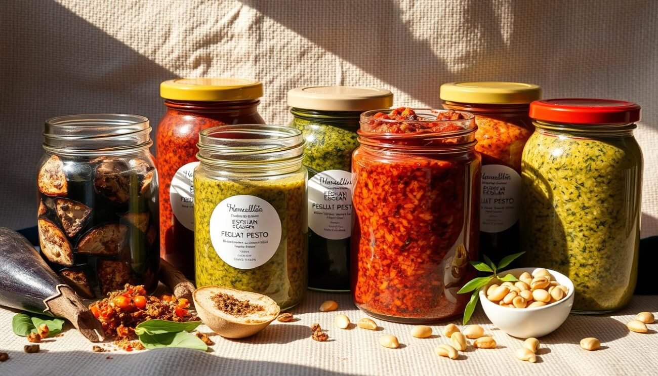 A vibrant display of regional variations of Sicilian eggplant pesto. Showcased in an artful still life, the jars feature distinctive hues and textures - some with chunks of roasted eggplant, others with speckles of toasted pine nuts. The arrangement is bathed in warm, natural light, casting soft shadows and highlighting the rustic quality of the ingredients. In the background, a textured linen or wooden surface provides a simple, earthy backdrop, allowing the vibrant pestos to take center stage. This visually captivating tableau celebrates the diverse and delectable interpretations of this classic Sicilian condiment.