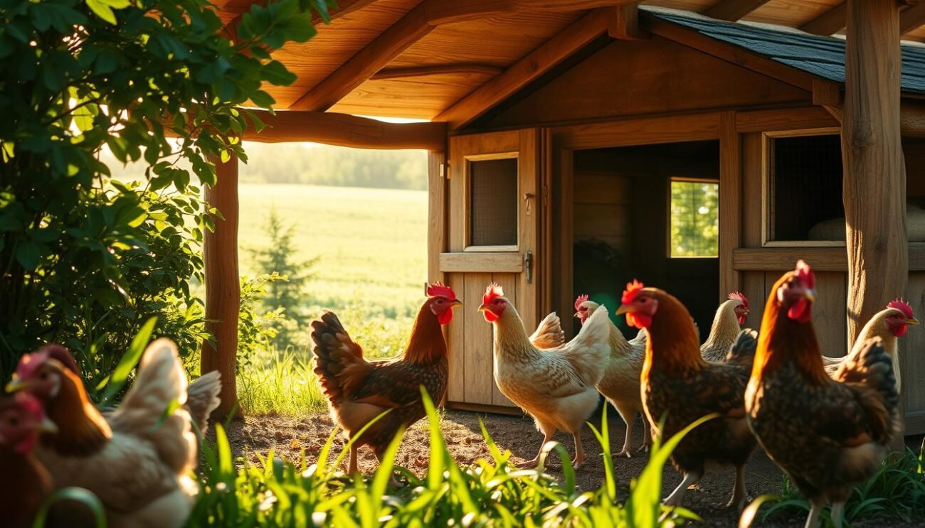 A vibrant free-range chicken coop nestled in a lush, verdant countryside. Sunlight filters through the open windows, casting a warm, golden glow over the scene. Healthy, content hens with glossy feathers roam freely, foraging for natural grains and insects. The cozy, well-ventilated structure provides ample shelter, while the surrounding greenery offers a serene, pastoral environment. Rustic wooden accents and a touch of traditional Italian architecture create a sense of harmony and authenticity. The overall atmosphere exudes a peaceful, picturesque ambiance, perfectly capturing the essence of the "benessere galline ovaiole" or the well-being of laying hens.
