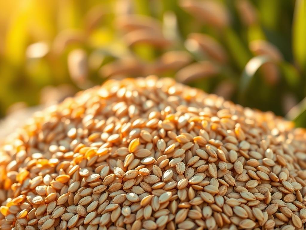 A vibrant, high-resolution image of a pile of freshly harvested, organic whole grain barley (orzo integrale) grains, glistening under warm, natural lighting. The grains are displayed prominently in the foreground, with a soft, blurred background of green foliage and earthy tones that evoke a sense of health and wellness. The composition highlights the rich, golden hues and the textural details of the grains, conveying their nutritional properties and the benefits they offer for a balanced, wholesome diet.