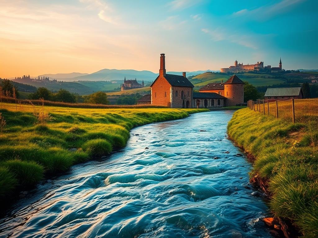 A vibrant landscape of flowing water intertwines with the rich history of beer brewing. In the foreground, a crystal-clear stream meanders through a verdant meadow, its gentle currents reflecting the warm, golden hues of a setting sun. Nestled in the middle ground, a traditional European-style brewery stands tall, its weathered brick façade a testament to the enduring tradition of crafting beer. In the background, a panoramic vista unfolds, revealing rolling hills dotted with lush vineyards and ancient castles, a nod to the interconnectedness of water, geography, and the evolution of beer styles throughout the ages. The scene is bathed in a soft, diffused lighting, lending an air of timeless elegance and capturing the essence of the enduring influence of water on the beer-making process.