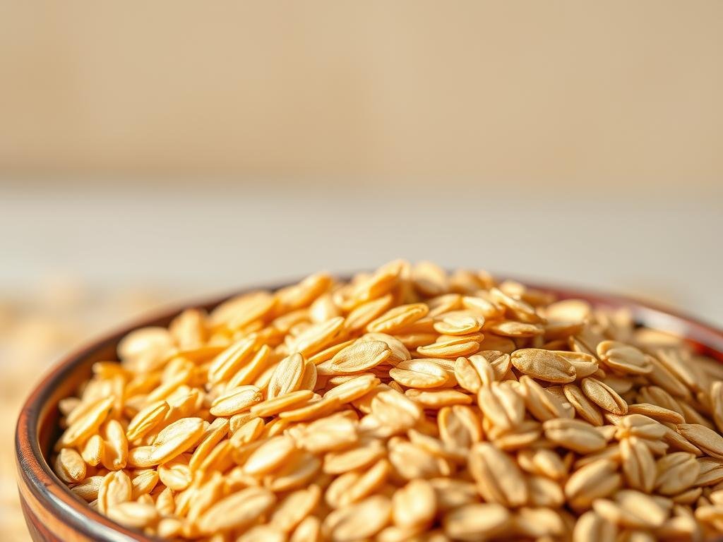 A vibrant, macro-style photograph of a bowl filled with whole grain oats, showcasing their rich, golden hue and natural textures. The oats are illuminated by warm, diffused lighting, casting gentle shadows and highlighting their intricate patterns. In the background, a subtle, out-of-focus pattern or texture suggests a simple, clean, and minimalist backdrop, allowing the oats to be the focal point. The overall composition emphasizes the nutritional benefits and wholesome qualities of the Italian whole grain oats, inviting the viewer to appreciate their natural beauty and health-promoting properties.