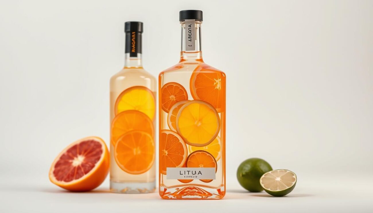 A vibrant, modern interpretation of classic Italian citrus liqueurs. A sleek, minimalist bottle design with a bold, eye-catching label showcasing a dynamic arrangement of freshly sliced citrus fruits - juicy oranges, tangy lemons, and zesty limes. The liqueur is illuminated by a warm, diffused lighting, giving it a luxurious, artisanal appearance. The background is a clean, white studio setting, allowing the product to take center stage. The overall mood is one of innovation, quality, and a contemporary twist on a traditional Italian spirit.