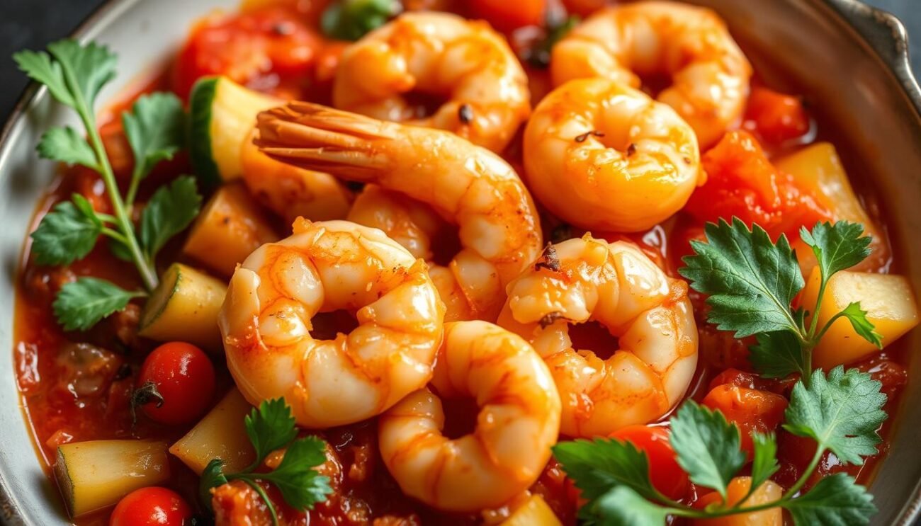 A vibrant, mouthwatering dish of "Sugo ai gamberi rivisitato con verdure fresche" takes center stage. Succulent shrimp simmered in a rich, tomato-based sauce, complemented by a medley of crisp, colorful vegetables - perhaps zucchini, bell peppers, and cherry tomatoes. The interplay of textures and flavors creates a harmonious and visually appealing composition. Soft lighting casts a warm glow, highlighting the dish's freshness and inviting the viewer to savor every bite. An inspiring representation of a classic Italian recipe elevated with seasonal produce, sure to delight the senses.