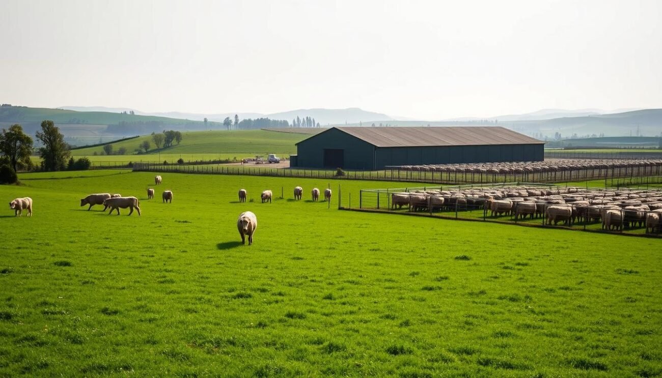 A vibrant pastoral scene depicts two distinct methods of livestock farming. In the foreground, a lush green pasture with free-roaming animals, sun-dappled and serene. In the middle ground, a large industrial-style barn, stark and imposing, surrounded by rows of fenced enclosures. The background features rolling hills, a hazy horizon, and a soft, diffused lighting that casts a contemplative atmosphere. The contrasting environments invite the viewer to consider the differences between extensive and intensive farming practices, their impact on animal welfare and the natural landscape. The image invites reflection on the nuances of sustainable food production.
