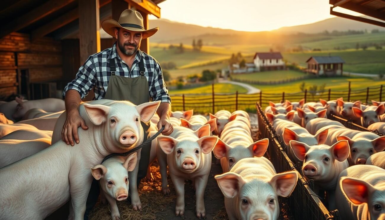 A vibrant, photorealistic image depicting the traditional techniques of Italian swine farming. In the foreground, a farmhand carefully guides a sow and her piglets through a cozy, well-lit barn, their soft fur and gentle expressions conveying the care and attention given to the livestock. In the middle ground, rows of pens house contented pigs of various ages, their healthy bodies and curious gazes reflecting the high standards of animal welfare. The background reveals a picturesque rural landscape, with rolling hills, lush green pastures, and a rustic farmhouse, all bathed in the warm glow of golden-hour sunlight, creating a tranquil and idyllic atmosphere. The overall scene captures the essence of Italian swine husbandry - a harmonious balance of tradition, modernity, and a deep respect for the animals' well-being.