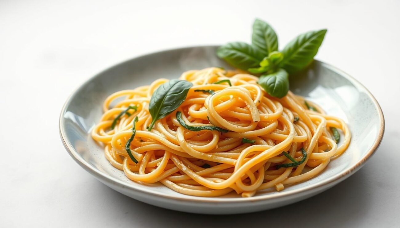 A vibrant, photorealistic image of a steaming plate of pasta, with a mix of whole wheat spaghetti, zucchini ribbons, and a sprinkling of fresh basil leaves. The pasta is cooked al dente, with a slightly textured surface. The plate is set against a clean, light-colored background, allowing the colors of the dish to take center stage. The lighting is soft and natural, casting gentle shadows that accentuate the three-dimensional form of the pasta. The overall mood is one of simplicity, health, and the joy of a nourishing, guilt-free meal.
