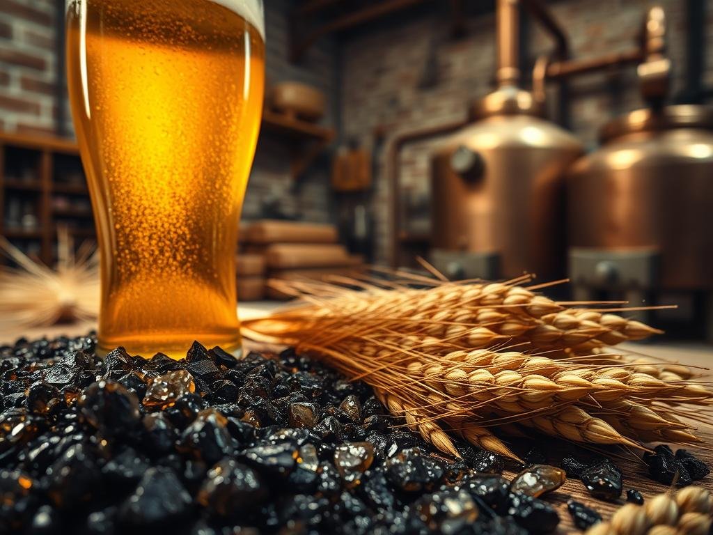 A vibrant scene of a golden-hued beer, its rich, creamy head cascading down the sides of a frosty glass. In the foreground, a scattering of dark, glistening sugar crystals, their facets refracting the warm light. The middle ground features a collection of freshly harvested grain, the husks and kernels intertwined, hinting at the depth of flavor to come. In the background, a softly blurred scene of a traditional Italian brewery, its weathered brick walls and copper brewkettles evoking a sense of centuries-old craft. The lighting is warm and inviting, casting a amber glow that enhances the overall atmosphere of quality and craftsmanship. This image perfectly captures the impact of the sugar extraction process on the character and body of the final beer.