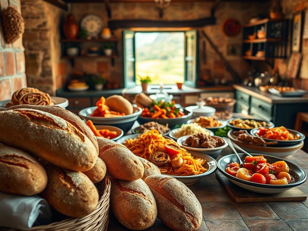 A vibrant scene of traditional Sicilian cuisine, captured in a warm, inviting atmosphere. In the foreground, a bountiful display of freshly baked breads, fragrant with the aroma of the island's heritage grains. In the middle ground, a variety of classic Sicilian dishes - from the rich, tomato-based pasta to the sizzling seafood specialties, each dish a testament to the region's culinary traditions. The background features a cozy kitchen setting, with terracotta tiles, rustic furniture, and a glimpse of the lush, sun-drenched Sicilian landscape beyond the window. The lighting is soft and golden, creating a welcoming, homey ambiance. The overall composition evokes a sense of celebration and the joy of sharing a meal in the true spirit of Sicilian hospitality.