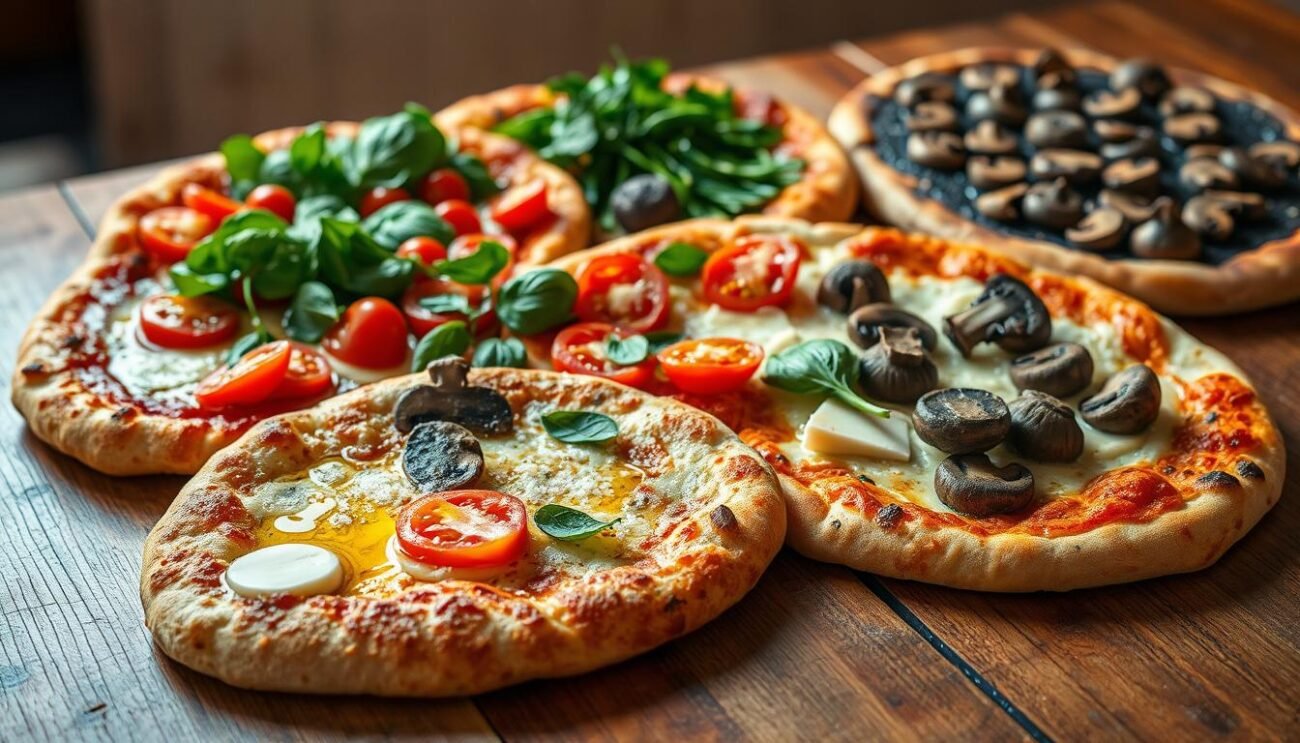 A vibrant spread of various regional interpretations of the classic Roman pinsa, artfully arranged on a rustic wooden surface. In the foreground, a crisp pinsa bianca with a perfectly blistered crust, drizzled with fragrant olive oil. Beside it, a pinsa rossa adorned with juicy tomatoes, fresh basil, and a sprinkle of grated Parmesan. In the middle ground, a pinsa verde showcases a verdant medley of sautéed greens, while a pinsa nera in the background features a charcoal-dusted base topped with earthy mushrooms. The composition is bathed in warm, natural lighting, evoking the inviting atmosphere of an authentic Roman trattoria. The diverse textures and colors of these regional pinsa variations create a visually captivating representation of the evolution of this ancient Italian culinary tradition.