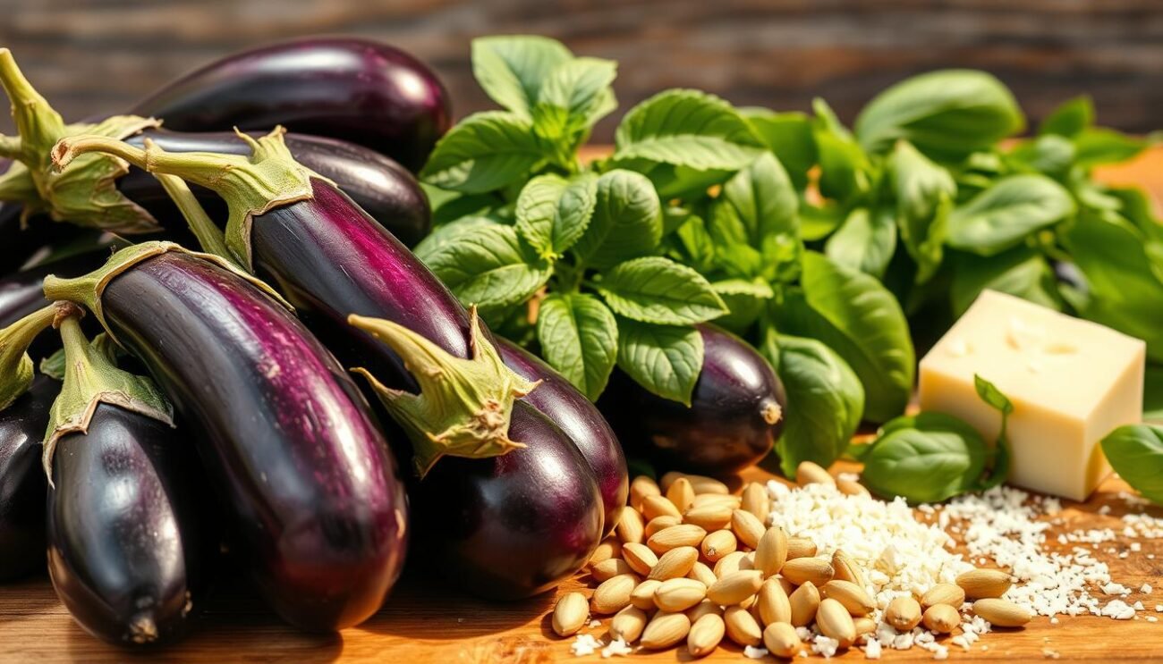 A vibrant still life arrangement of the key ingredients for a traditional Sicilian pesto alla melanzane. In the foreground, a pile of freshly harvested eggplants, their deep purple skins glistening under warm Mediterranean light. Beside them, a bundle of fragrant basil leaves, their verdant hues contrasting with the purple. In the middle ground, a handful of pine nuts, their rich golden tones complementing the other elements. Finally, in the background, a sprinkle of finely grated Pecorino Romano cheese, adding a touch of savory saltiness to the scene. The overall composition exudes the flavors and aromas of a classic Sicilian summer, inviting the viewer to savor the delicious potential of this pesto melanzane recipe.